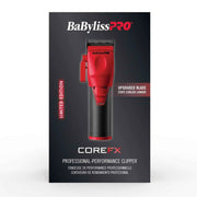 BaBylissPRO CoreFX Professional-Performance Clipper Limited Edition retail packaging, featuring a red and black clipper illustration on a dark charcoal background with white and red text.