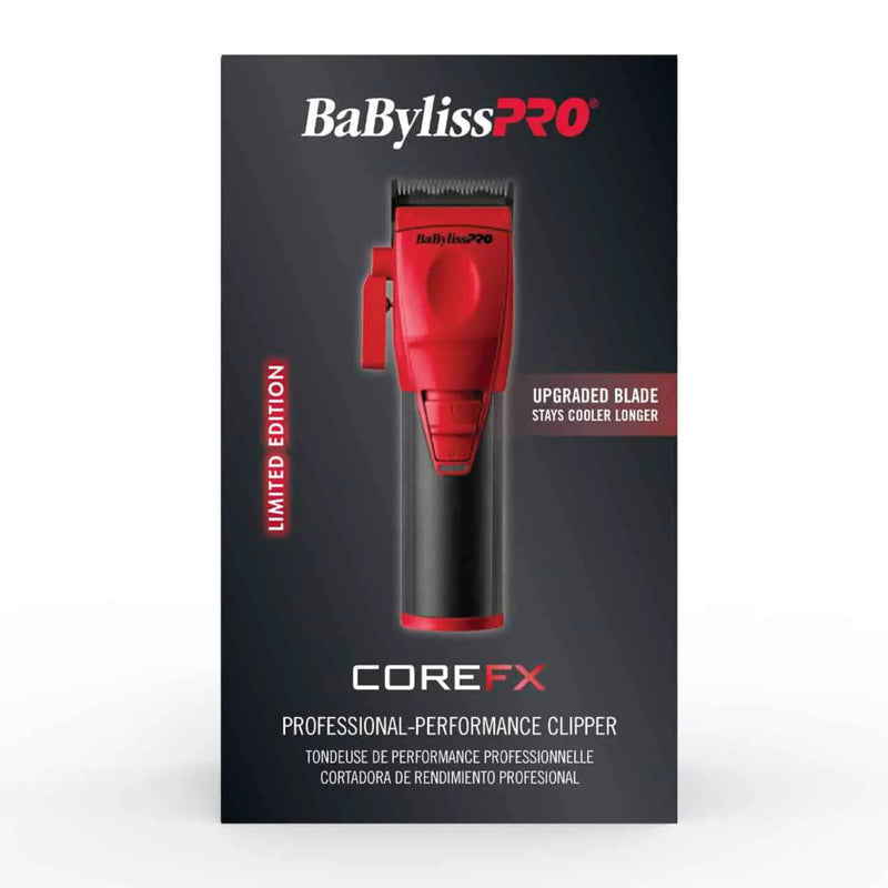BaBylissPRO CoreFX Professional-Performance Clipper Limited Edition retail packaging, featuring a red and black clipper illustration on a dark charcoal background with white and red text.