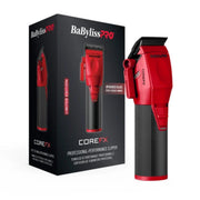 BaBylissPRO CoreFX Professional Performance Clipper in a red and black colorway, shown next to its black retail packaging box on a white background.