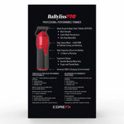 A product information card for the CoreFX BabylissPRO Professional Performance Trimmer, featuring a black background with white and red text and a small product photo of the vacuum on the left side.