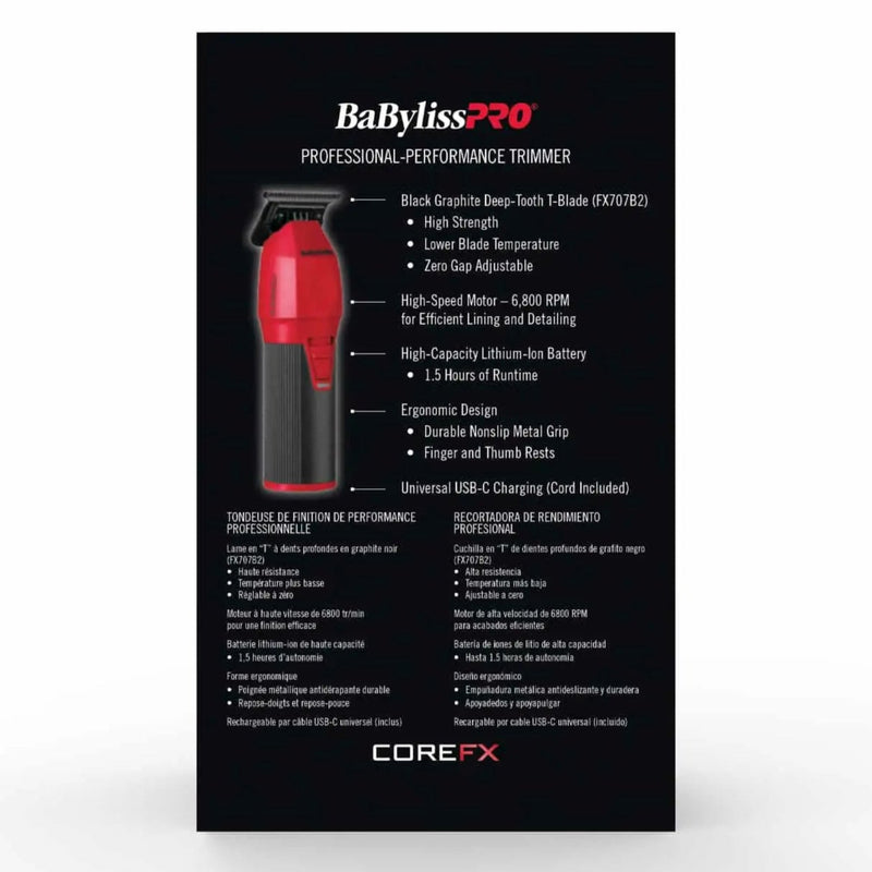 A product information card for the CoreFX BabylissPRO Professional Performance Trimmer, featuring a black background with white and red text and a small product photo of the vacuum on the left side.