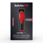 BaBylissPRO CoreFx Professional Performance Trimmer in a limited edition red and black colorway, shown in its original black packaging box against a white background.