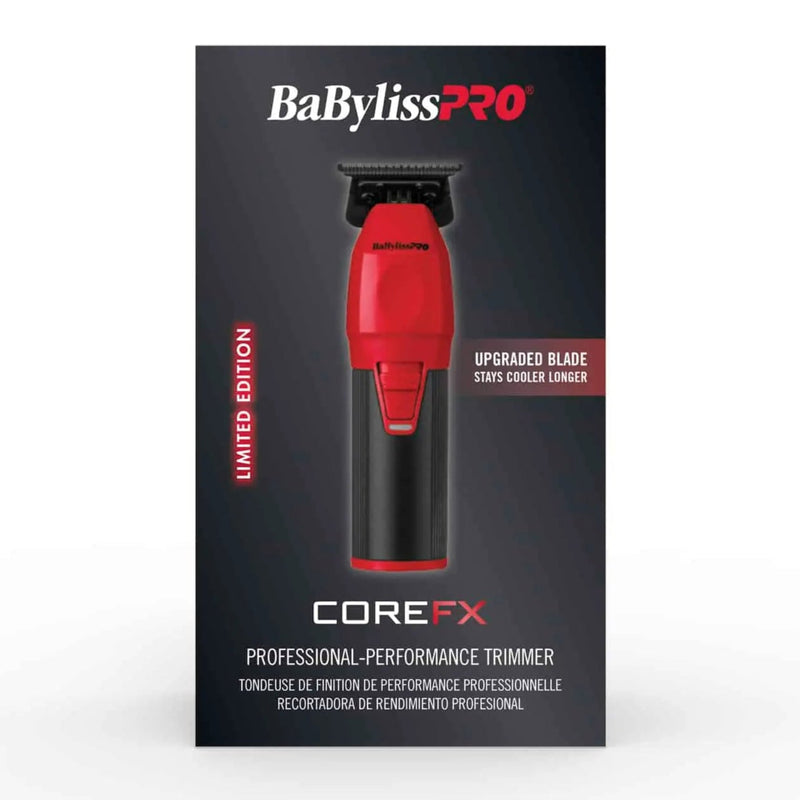 BaBylissPRO CoreFx Professional Performance Trimmer in a limited edition red and black colorway, shown in its original black packaging box against a white background.