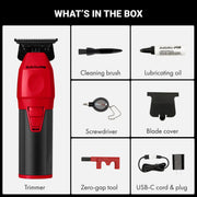 A product box contents graphic titled 'WHAT'S IN THE BOX' showing a red and black Bafitoss Pro hair trimmer alongside included accessories: cleaning brush, lubricating oil, screwdriver, blade cover, zero-gap tool, USB-C cord, and plug.