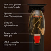 A cordless hair trimmer with a black and brown camouflage pattern body, shown with text callouts highlighting features like the black graphite deep-tooth T-blade, ergonomic thumb grooves, 6,800 RPM motor, non-slip grip, and USB-C compatibility.
