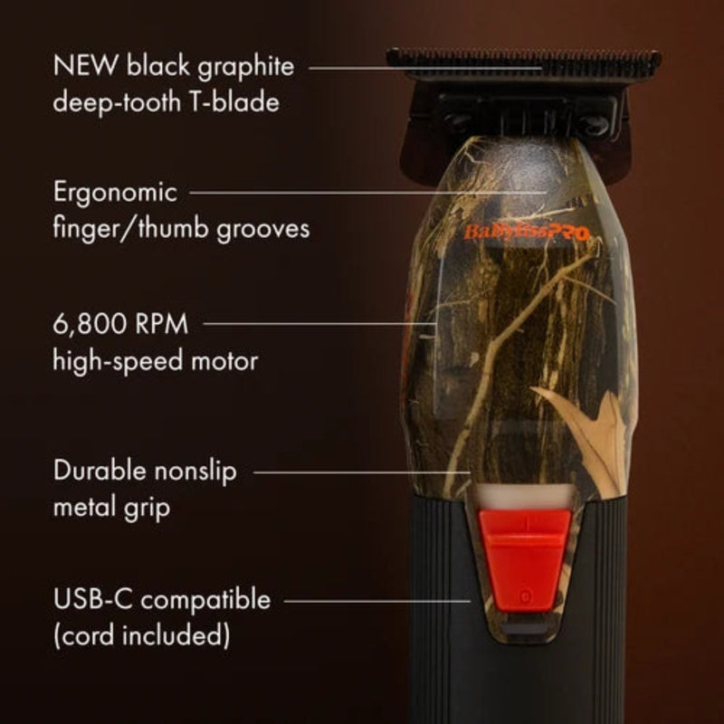 A cordless hair trimmer with a black and brown camouflage pattern body, shown with text callouts highlighting features like the black graphite deep-tooth T-blade, ergonomic thumb grooves, 6,800 RPM motor, non-slip grip, and USB-C compatibility.