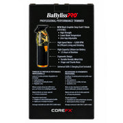 The back of a BaBylissPRO Professional-Performance Trimmer package, showing product features, specifications, and included accessories in Spanish and English on a black background.