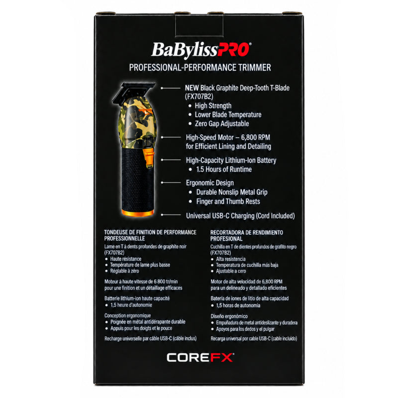 The back of a BaBylissPRO Professional-Performance Trimmer package, showing product features, specifications, and included accessories in Spanish and English on a black background.