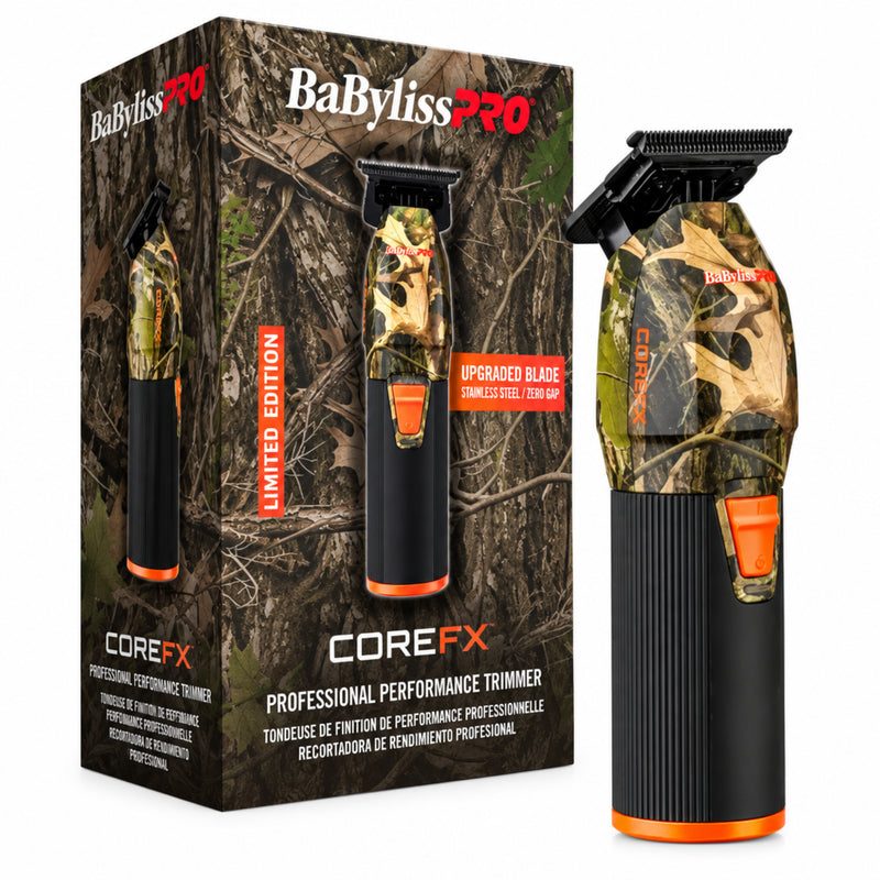 BaBylissPRO CoreFX trimmer shown next to its retail box. The trimmer features a camouflage pattern in tan, brown, and green on the upper body, with a black ribbed handle and orange accents.