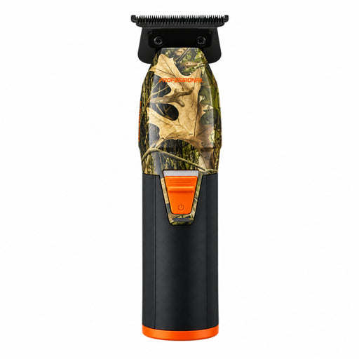 A cordless hair clipper with a black and orange body, featuring a transparent section showing a leafy camouflage pattern, on a solid white background.