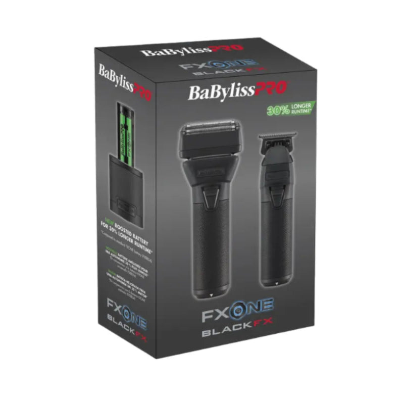 BaBylissPRO FXOne Black FX trimmer and shaver retail packaging box, showing the two black grooming devices pictured on the front against a white background.