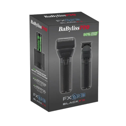 BaBylissPRO FXOne Black FX trimmer and shaver retail packaging box, showing the two black grooming devices pictured on the front against a white background.