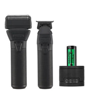 Set of grooming tools including a shaver, trimmer, and battery pack on a white background