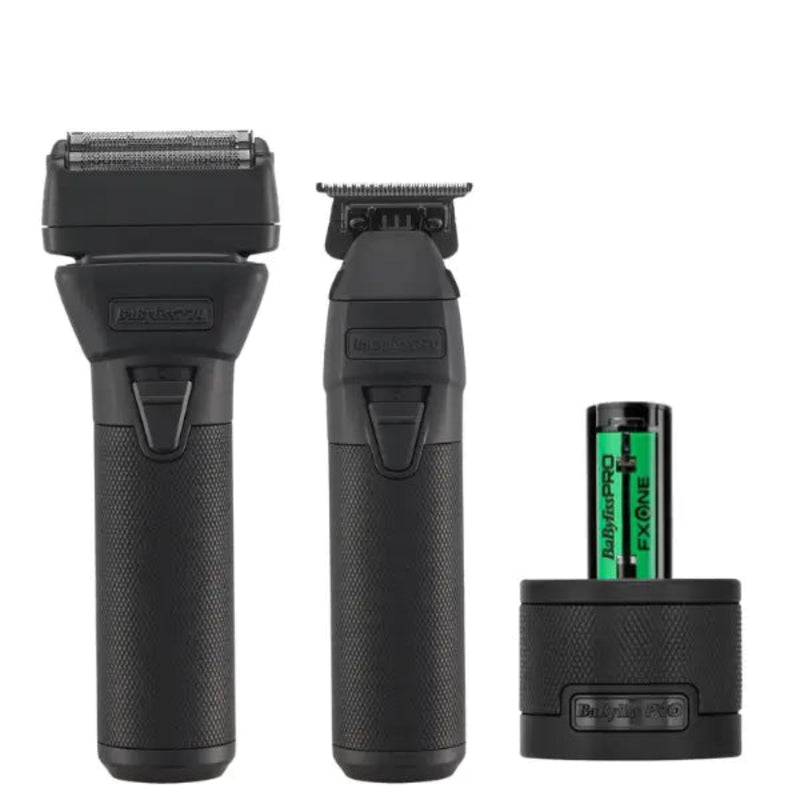 Set of grooming tools including a shaver, trimmer, and battery pack on a white background