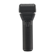 A black Braun Series 3 electric shaver with a textured handle and metallic silver shaving head, shown against a plain white background.