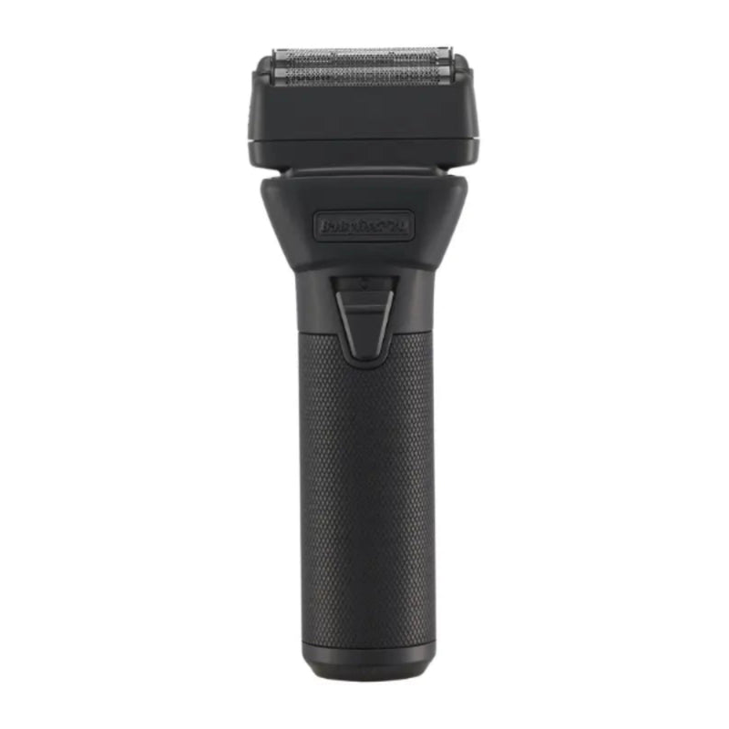 A black Braun Series 3 electric shaver with a textured handle and metallic silver shaving head, shown against a plain white background.