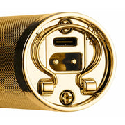 Close-up of a metallic gold cylindrical electronic device showing the bottom port area with a USB-C connector, screw, and circular ring details on a white background.