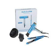 BaBylissPRO Nano Titanium professional hair styling kit with a blue and silver hair dryer, flat iron, concentrator nozzle, and brush attachment, displayed in front of its white retail box on a white background.