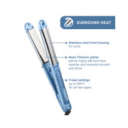 A blue and silver hair straightener shown on a white background with callout text describing its features, including surround heat, stainless steel front housing, nano titanium plates, and 5 heat settings up to 450°F.