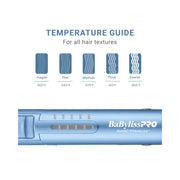 Temperature guide graphic for the BaBylissPRO Nano Titanium hair straightener, showing five hair texture icons (Fragile, Thin, Medium, Thick, Coarse) with corresponding temperature settings from 300°F to 450°F, above a close-up of the blue straightener tool.
