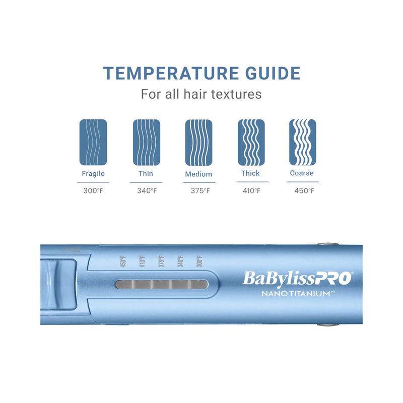 Temperature guide graphic for the BaBylissPRO Nano Titanium hair straightener, showing five hair texture icons (Fragile, Thin, Medium, Thick, Coarse) with corresponding temperature settings from 300°F to 450°F, above a close-up of the blue straightener tool.
