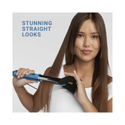 A woman with long straight brown hair holds a blue and black hair straightener in her hands, with the text 'STUNNING STRAIGHT LOOKS' in blue on a light gray background.