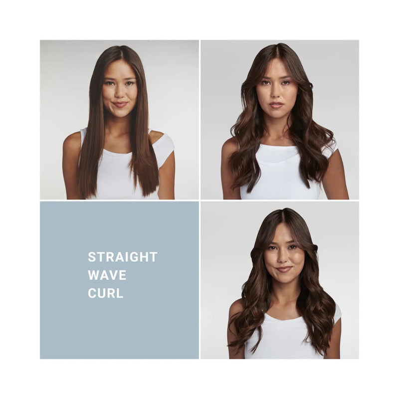 Four-panel hair styling comparison showing the same model with long straight brown hair, long wavy brown hair, and long curled brown hair, with a blue panel reading 'STRAIGHT WAVE CURL'.
