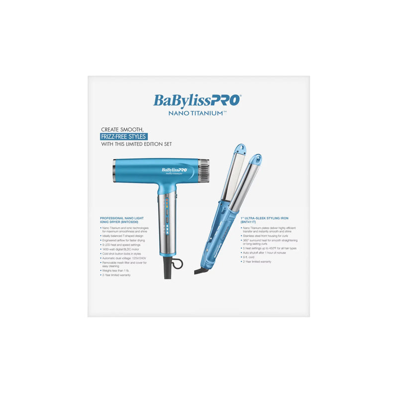 BaBylissPRO Nano Titanium hair dryer and flat iron set in light blue and silver, shown on its white product information card.