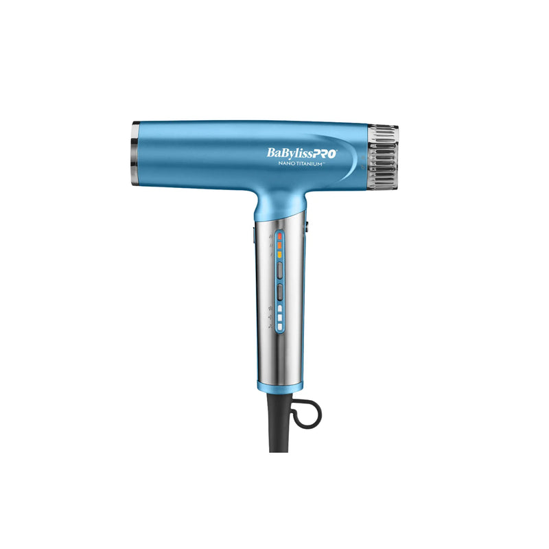A blue and silver BabylissPRO hair dryer shown from the side against a plain white background.