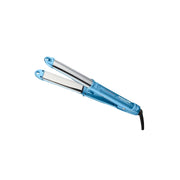 A blue and silver hair straightener with a black cord, shown open on a plain white background.