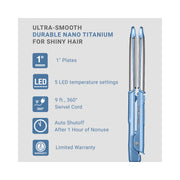 A light blue nano titanium hair straightener shown on a light gray background with feature callouts text and icons describing plate size, LED temperature settings, swivel cord length, auto shutoff, and warranty.