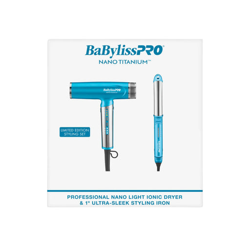 BabylissPRO Nano Titanium styling set in blue and silver, featuring a hair dryer and a sleek styling iron, presented on its white retail packaging box.