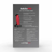 A product information card for the LoProEx BabylissPRO Compact High-Performance Trimmer, featuring a red and black rotary cutter with a charging stand on a dark gray background with technical specifications.