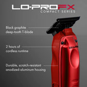 Red BabylissPRO Lo-Pro FX Compact Series cordless clipper shown on a dark gray background with callout text describing the black graphite deep-tooth T-blade, 2 hours of cordless runtime, and durable scratch-resistant anodized-aluminum housing.