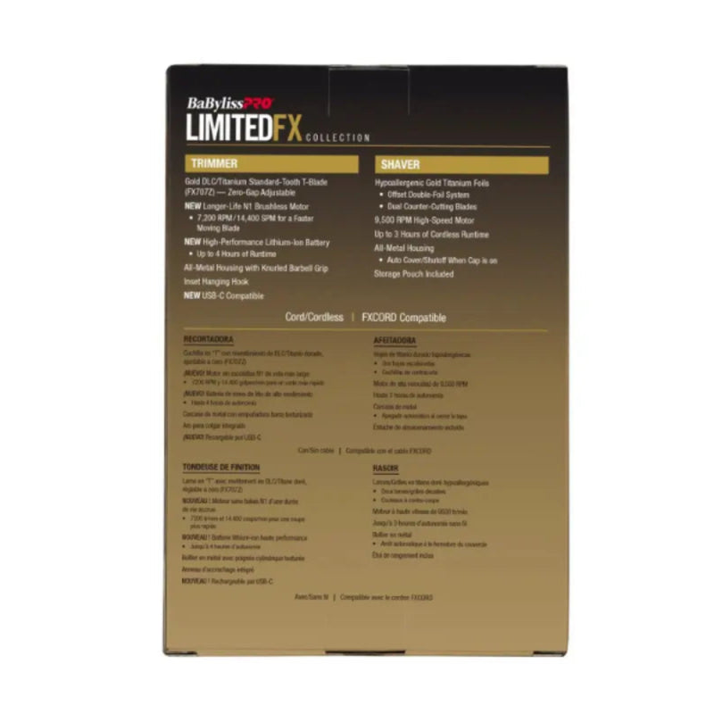 BaBylissPRO LimitedFX Collection Trimmer and Double-Foil Shaver Gold Combo Back Packaging