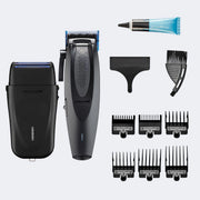 A hair trimmer kit on a light gray background, including a black and gray Babylite Pro trimmer, a black trimmer guard, a black comb guard, a black attachment, a black cleaning brush, a black guide comb, a black storage case, and a blue and black tube of skin preparation gel.