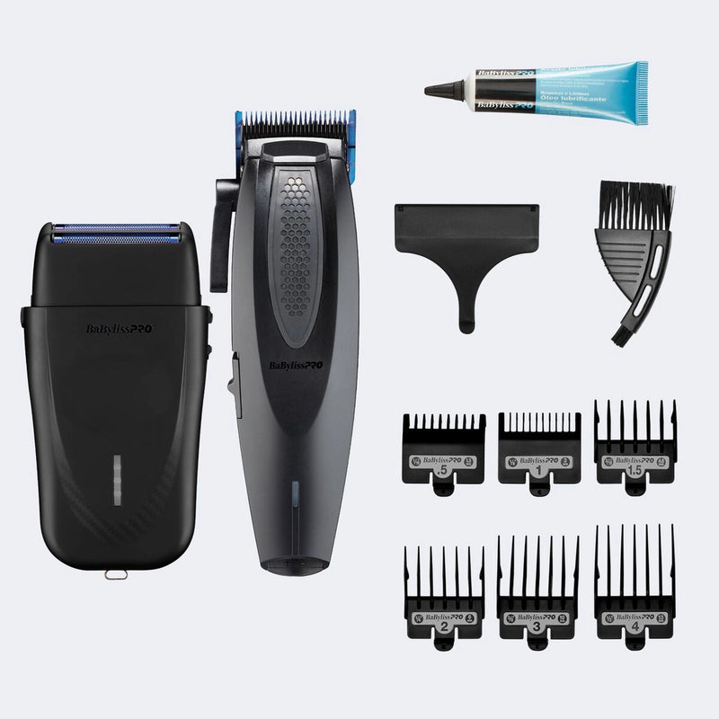 A hair trimmer kit on a light gray background, including a black and gray Babylite Pro trimmer, a black trimmer guard, a black comb guard, a black attachment, a black cleaning brush, a black guide comb, a black storage case, and a blue and black tube of skin preparation gel.