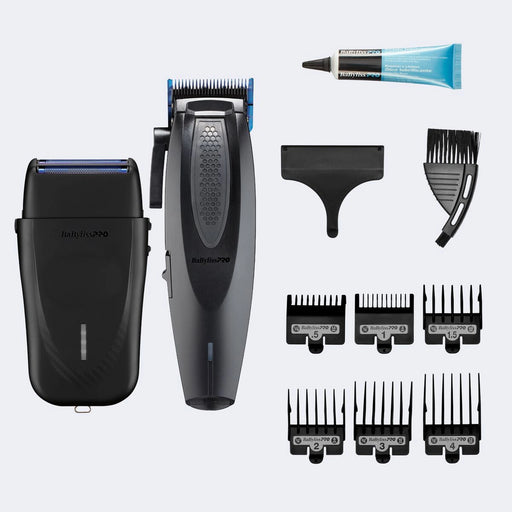 A hair trimmer kit on a light gray background, including a black and gray Babylite Pro trimmer, a black trimmer guard, a black comb guard, a black attachment, a black cleaning brush, a black guide comb, a black storage case, and a blue and black tube of skin preparation gel.