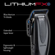 LithiumFX+ cordless hair clipper shown on a black background with callout labels pointing to the blue titanium tri-blade, extended taper lever, and ergonomic lightweight housing. The clipper is dark gray/black with blue accents.