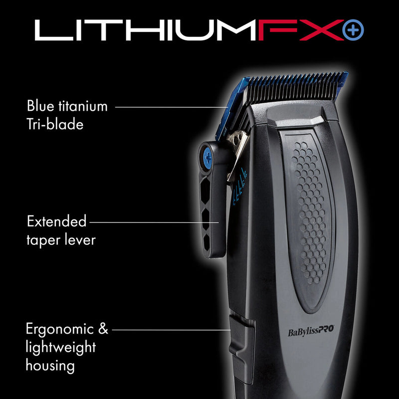 LithiumFX+ cordless hair clipper shown on a black background with callout labels pointing to the blue titanium tri-blade, extended taper lever, and ergonomic lightweight housing. The clipper is dark gray/black with blue accents.