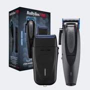 BaBylissPRO Lithium Ergonomic grooming kit featuring a black electric shaver, matching black trimmer, and dark blue retail packaging box on a light gray background.