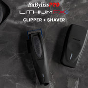 BaBylissPRO LithiumFlex clipper and matching charging case on a dark gray stone-textured background, with BaBylissPRO and LITHIUMFLEX branding at the top.