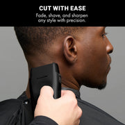 A man in profile has a black BaduBarber electric trimmer attached to his neck while a black banner at the top reads 'CUT WITH EASE Fade, shave, and sharpen any style with precision.'.