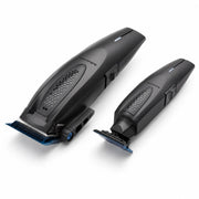 Angled view of BaBylissPRO LithiumFX+ clipper and trimmer with blue titanium blades