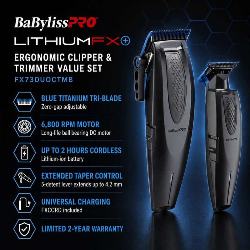 BaBylissPRO LithiumFX+ value set features including 6800 RPM motor and two-hour runtime