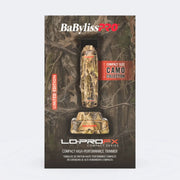 BaBylissPRO LO-PRO FX compact high-performance trimmer packaging with camouflage design on a gray background.