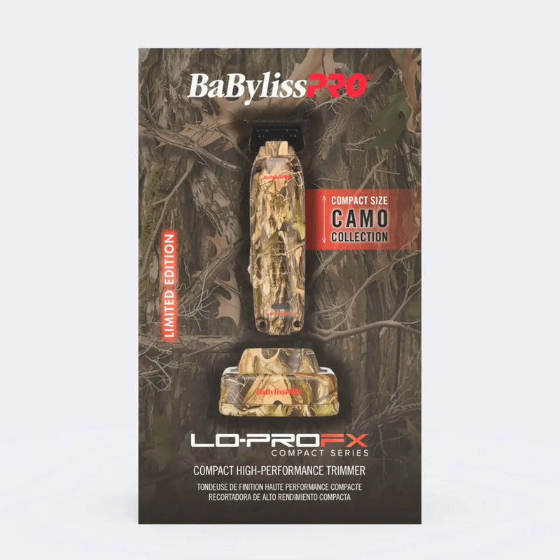 BaBylissPRO LO-PRO FX compact high-performance trimmer packaging with camouflage design on a gray background.