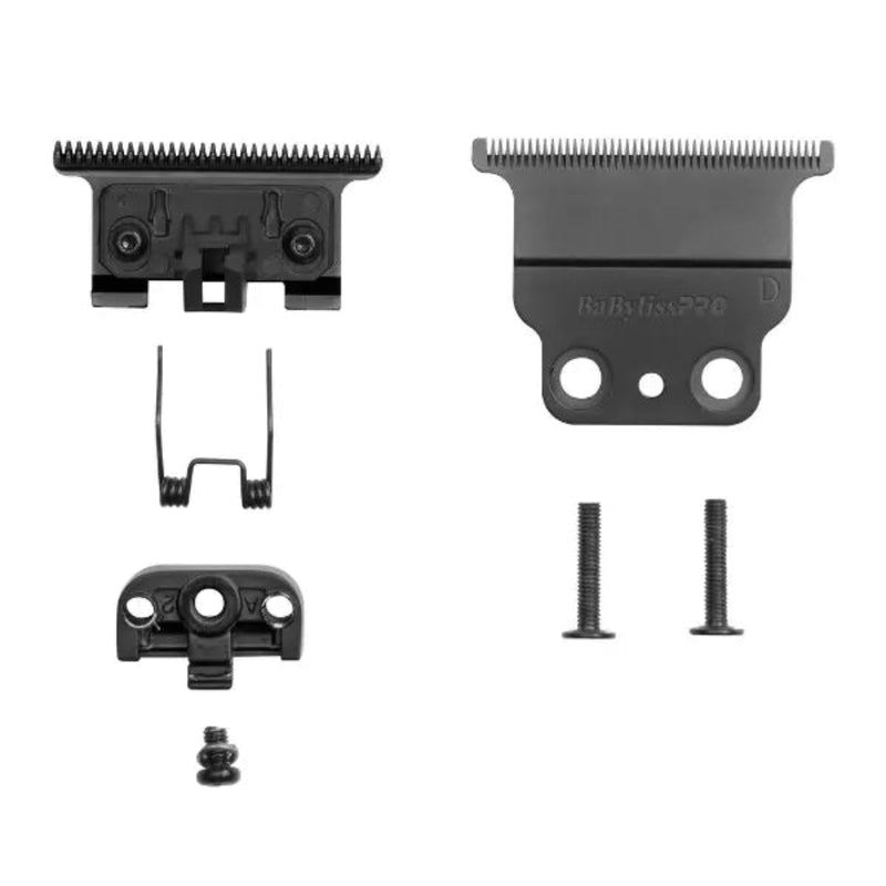 Black hair clipper replacement blades and mounting hardware, including two clipper plates, two screws, and two small pins, arranged on a plain white background. The larger clipper plate shows the text 'BaBylissPRO'.