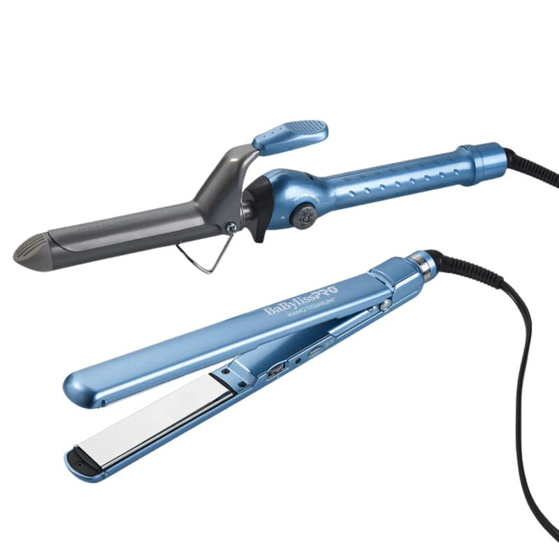 Set de regalo de tenaza rizadora de resorte Nano Titanium de 1.25" y plancha de pelo ultradelgada de 1" BaBylissPRO