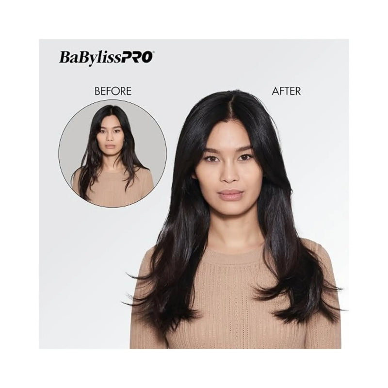 Before and after hair reduction result comparison for BaBylissPRO hair straightening. The main image shows a woman with long, dark, straight hair labeled 'AFTER', with a circular inset labeled 'BEFORE' showing the previous hair texture.